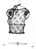Vintage Y2K Sexy Women Lace Floral T-shirts Summer Party Clubwear Short Sleeve Backless Mesh See Through Tees Shirts-Outfit