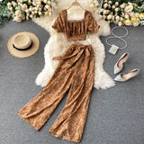 Women Autumn French Boho Floral Suits Square Collar Puff Sleeve Short Tops+High Waist Wide Leg Pants Two Pieces