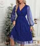 Toloer New V-Collar Elegant Slim Solid Color Stitching Mesh Perspective Sprinkling Powder Dress Female-Outfit