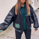 Baseball Bomber Jacket Women Hip Hop Letter Patchwork PU Leather Streetwear Autumn 2021 College Oversized Coats Varsity