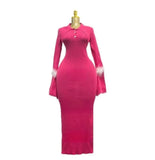 Fashion Temperament Plain Knitted Pit Long Sleeve Feathers Collar Long Dress Female
