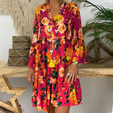 Bohemian Women Dresses Summer Long Sleeve Button Loose Mini Dress Big Swing Boho Dress Printed Vestido 425-0-Outfit