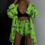 Toloer New Loose Print Women's Casual Tie Long Sleeve Pajamas High Waist Shorts Set Home Clothes-Outfit