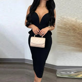 Toloer Temperament Elegant Solid Color Wrap Hip Dew Back Deep V High Waist Bow Stretch Slit