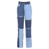Contrast Color Distressed Jeans Pants Women Preppy Style Chic Streetwear Outfits High Waist Straight Denim Pants