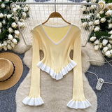 Striped Knitted Shirt Autumn Lotus Side Hem Horn Sleeves Slimmed Out Of The Bottom