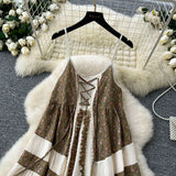 National Style Wearing Holiday Dress Retro Strap Design Spliced Flowers Hanging Loose Dress Skirt