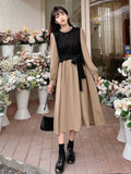 Long Sleeve Dress Women Elegant Fake Two Pieces Patchwork Puff Sleeve 2023 Spring Korean Fashion Female