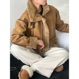 Women's Fuzzy Fur Lined Zipper Motorcycle Suede Jacket Striped Trim Autumn Winter 2022 Solid Vintage Short Loose Padded