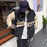 Women's Bomber Jacket Embroidery Printing Patchwork Plaid Baseball Uniform Ladies Fashion Loose Streetwear Tooling Couple