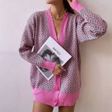 V-neck Lantern Long Sleeve Cardigan Women Knitted Printed Oversized Sweater 2022 Fall New Single-breasted