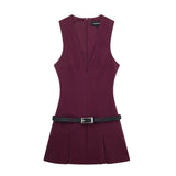 Women's Clothing 2025 Autumn And Winter New Waist Bandwidth V-Neck Sleeveless Checker Mini