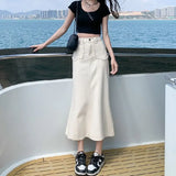 Toloer 2024 New Vintage High-Waisted Denim Skirt Female Medium Long A-Line Hip Fishtail Skirt-Outfit