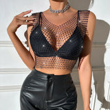 Toloer Nightclub Dresses Fishnet Hollow Out Rhinestone Vest Mesh Flash Diamond Sling Top