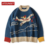 Cartoon Airplane Embroidery Sweater Harajuku Retro Style Knitted Sweater Autumn And Winter Cotton Pullover