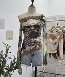 Shooting Lace Splicing Oblique Shoulder Thin Tie-Dye Mesh T-Shirt Girl T-Shirt T-Shirt Shawl T-Shirt