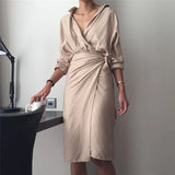 Autumn Women's Dresses Long Sleeve Bandage V Neck High Waist Midi Shirt Dress Female Elegant Fashion Korean