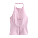 New Hanging Neck Bows Decorated Solid Color Top