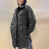 Front Buttons Parkas Women Fashion Simple Argyle Coats Women Elegant Turn Down Collar Solid Cotton Jackets Female