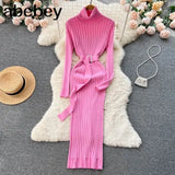 Winter Turtleneck Sexy Women Dress Autumn Long Sleeve Skinny Maxi Boydcon Casual Sweater Plush Knee-Length Party