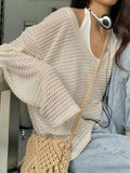 Cutout V Neck Loose Long Sleeve Knit-Outfit