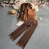 Toloer Suit Female Casual Temperament V Collar Waist Belt Knit Cardigan Jacket Three Piece Set High Waist Wide Leg