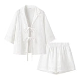 Summer New Fashion Collar Long-Sleeved Shirt + High Waist Hollow Shorts Women