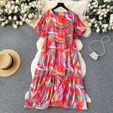 Dress Women's 2024 Summer Dress New Loose Leisure Fashion Print Medium-Long Bubble Sleeve Holiday Dress-Outfit