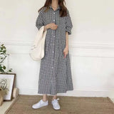 Plaid Shirt Women 2025 Spring And Summer Short-Sleeved Cotton Linen Super Long Over Knee Loose Ocean Gas