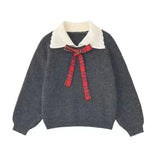 Female Sweater Christmas Red Bow Sweater Pullover Doll Lapel Sweet Loose Lazy Retro New Year Red Women Sweater Top Autumn