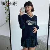 Bold Shade Indie Aesthetic Letter Print Patchwork Sweater Y2K 90s Style Women V-neck Loose Knitwear Streetwear Fashion