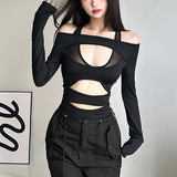 Toloer 2024 New Women's Fashion Sexy Mesh Stitching Long Sleeve Hollow Out Slim Crop Jumpsuit-Outfit