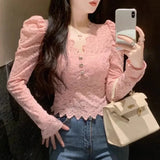 Fashion Shirts Women Puff Loong Sleeve V Neck Autumn Winter Slim Lace Patchwork Crop Tops Female Sexy Elegant Blouse-Outfit