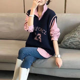 Winter Streetwear O-Neck Sweater Vest Sleeveless Polo-Neck Chiffon Two Piece Set Stylish Screw Thread Character Jumpers-Outfit