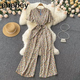 Beach Rompers Female Short Sleeve V Neck Elastic Ruched Loose Casual Bohemian Print Jumpsuits Summer