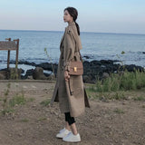 Korean Style Ladies Trench Coat Plaid Long Double Breasted Belted Oversize Loose Women Duster Coat Outerwear with Storm