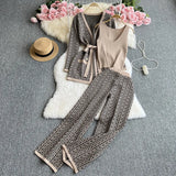 Toloer Suit Female Casual Temperament V Collar Waist Belt Knit Cardigan Jacket Three Piece Set High Waist Wide Leg