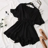 Women Rompers casual wide leg pants overalls short sleeve v neck solid playsuits summer beach chiffon ruffle