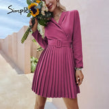Simplee Elegant v-neck A-line pleated midi dress women green Office long sleeve belt blazer dresses Casual female vestidos