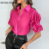 Women Solid Turn Down Neck Ruffle Decor Beading Half Long Sleeves Working Blouses Tops-Outfit