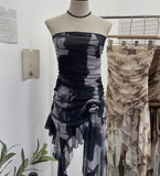 Shot Tie Net Yarn Printing Irregular Ribbon Three-Dimensional Flowers Small Man With Chest Short Skirt Dress Dress