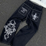 Jeans Women Hip Hop Retro Skull Embroidered Washed Loose Jeans 2023 New Straight Casual Wide-Leg Pants Couple Fashion