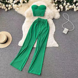 Toloer Strapless Short Top High Waist Casual Loose Wide Leg