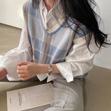 2022 New Autumn Plaid Striped Sleeveless Sweater Vest for Women Knitting V-Neck Casual Loose Ladies Female Tank