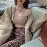 New Sexy Knitted Wrap Chest Vest knitted Suit Elegant Retro V-Neck Long-Sleeved Cardigan Solid Sweater Top Two Piece
