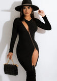Winter Rib Zippers Slit Long Sleeve Bodycon