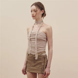 Toloer 2024 New Women's Solid Color Slim Fashion One Word Collar Pleated Sexy Show Back Vest-Outfit