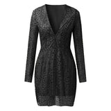 New Women's Ebay Dress Deep V Perspective Long Sleeve Short Dress Sprinkled Gold