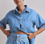 Summer Women's Casual Retro Loose Shirt Denim Shorts Set