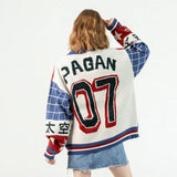 Baseball Uniform Space Cat Grid Numbers Embroidery Sweater Harajuku Retro Style Knitted Sweater Cotton Pullover
